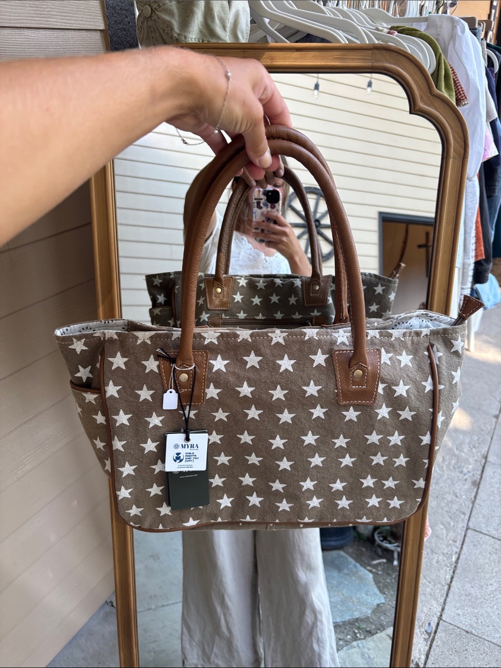 Myra Bag Taupe Star Canvas Tote with Brown Handles and White Stars - Picture 2 of 7